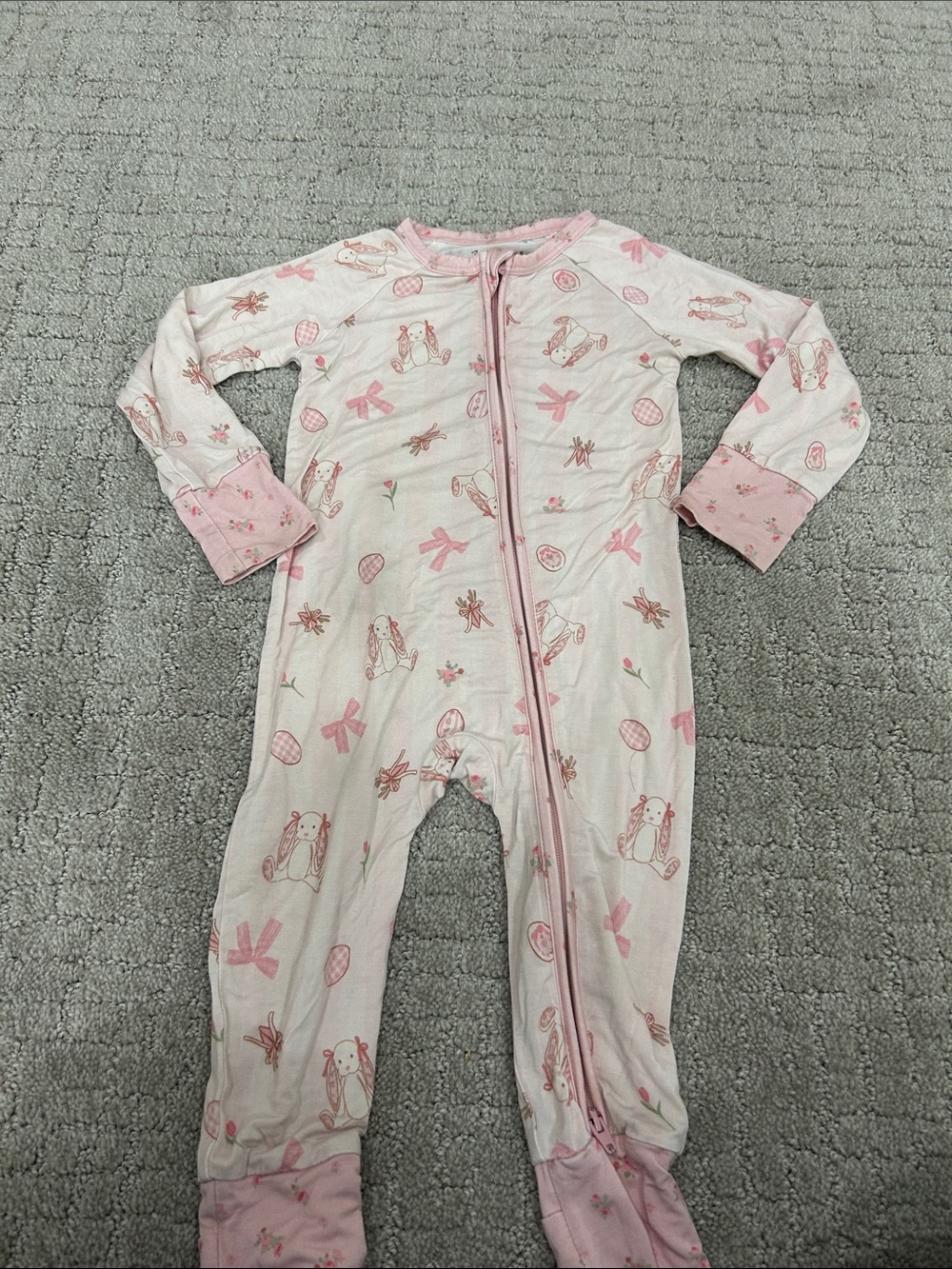 Toddler Pink Bunny Print Footie One-Piece with Front Zipper